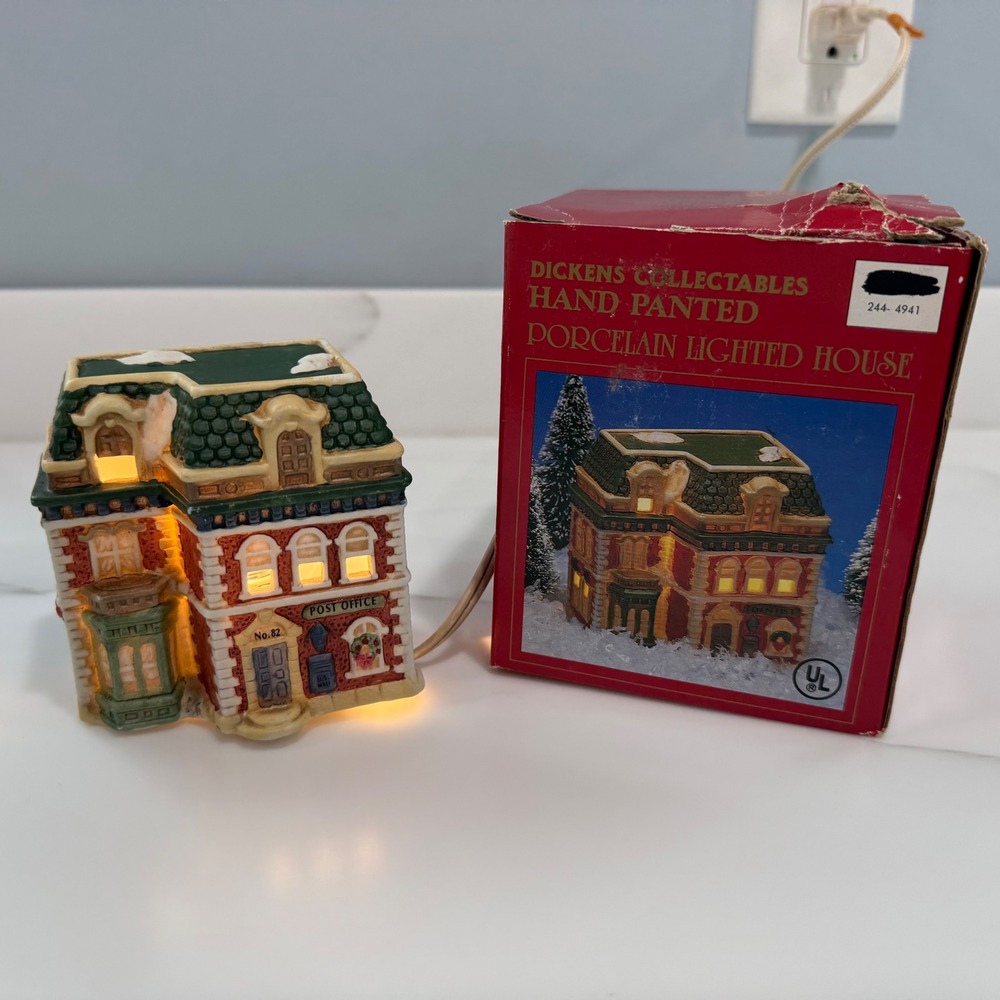 VTG 1993 Dickens Collectables Post Office Lighted Porcelain Xmas Village + Box